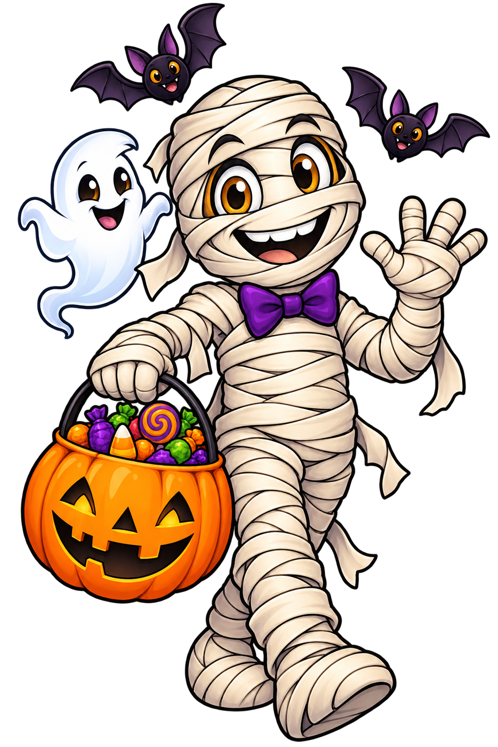 A friendly cartoon mummy waves beside a ghost, carrying a pumpkin bucket full of Halloween candy