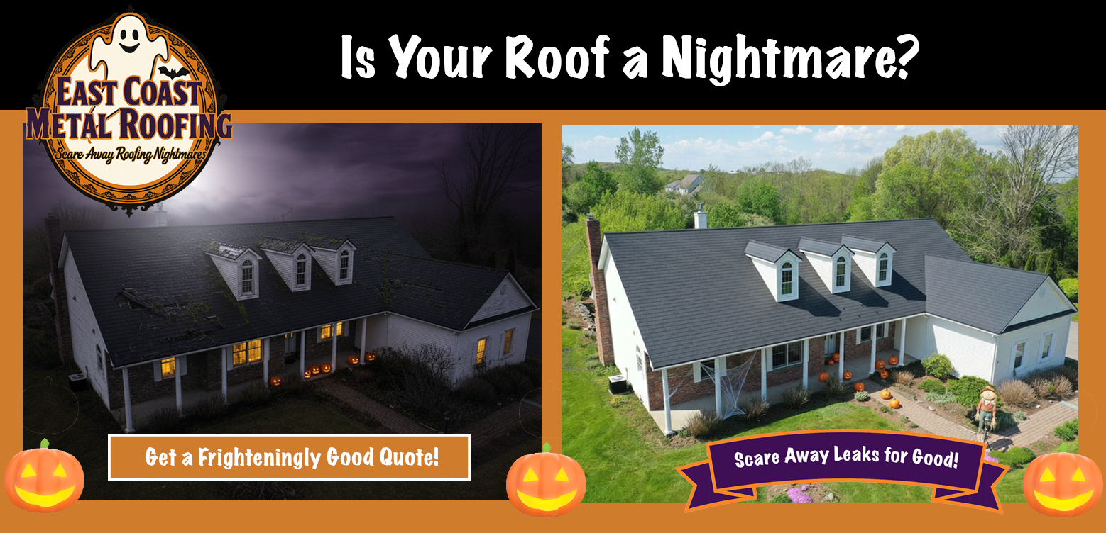 Original Halloween campaign before-and-after artwork showing the same ECMR home: a spooky nighttime scene beside the finished gray metal shingle roof in daylight